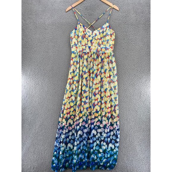 Badgley Mischka Dress Womens 8 Yellow Blue Multi Floral Ombre Maxi Flowy Ruched* - Picture 1 of 12